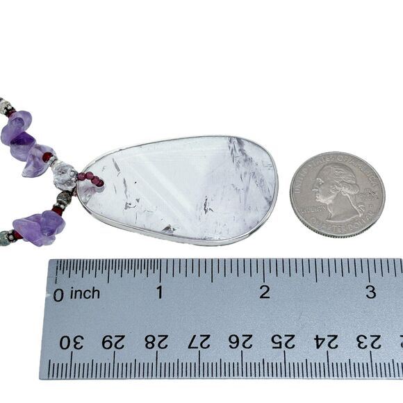 Vintage Sterling Silver 925 Amethyst Nugget & Large Amethyst Slice Necklace 18" - Picture 4 of 5